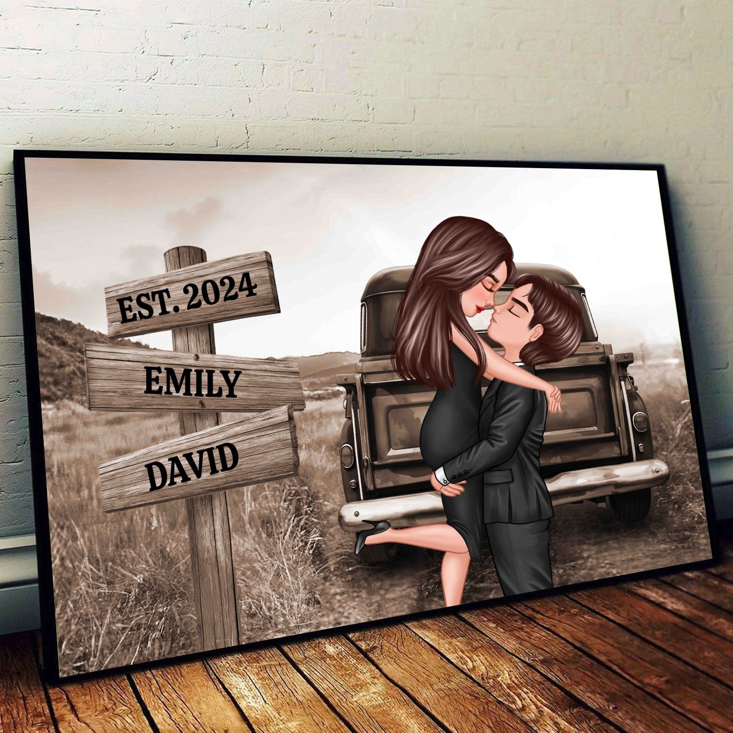 Couple Sign Post Retro Vintage Field Landscape Personalized Poster, Anniversary, Gift for him, Gift for her