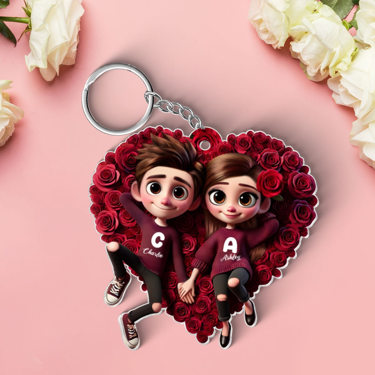Rose Heart Couple Personalized Acrylic Keychain, Gift for her, Gift for him