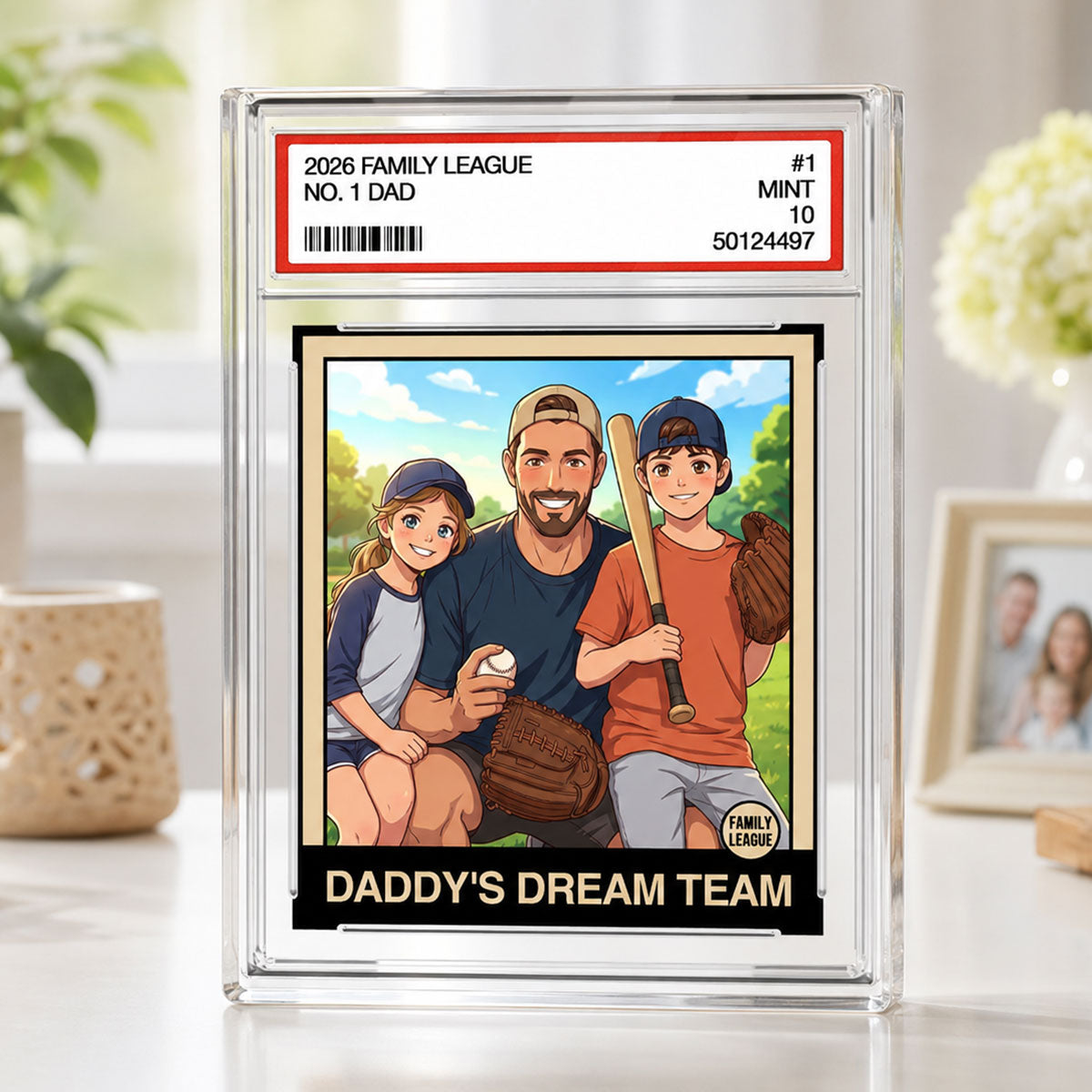Cartoon Style Baseball Daddy's Dream Team Trading Card - Personalized Acrylic Block Plaque - Gift For Baseball Dad, Husband