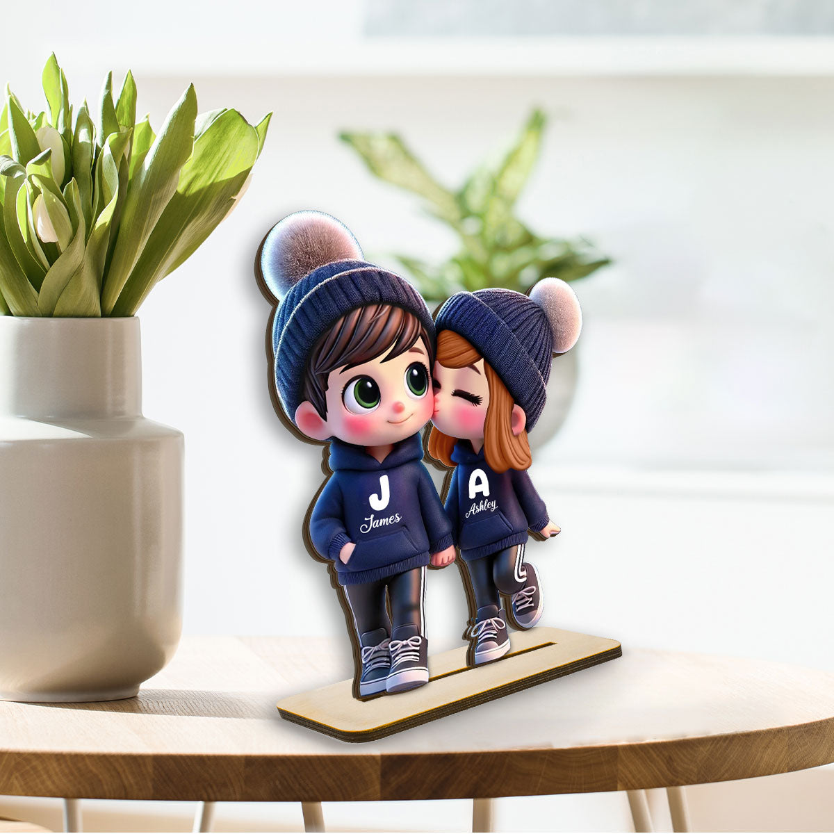 3D Effect Cute Cartoon Couple Walking Personalized Standing Wooden Plaque, Gift for Him, Gift for Her