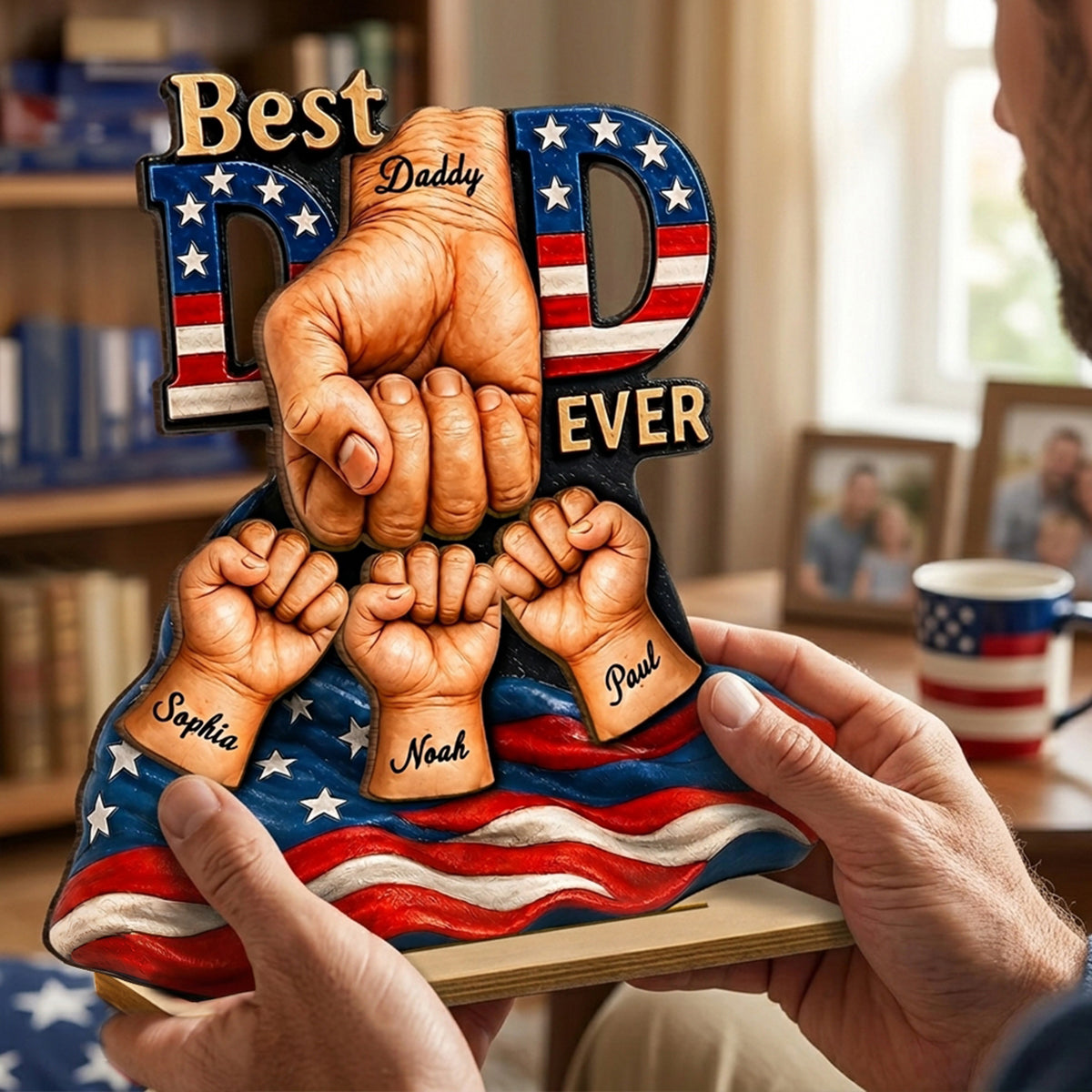 American Dad And Kids Fist Bump - Personalized 2-Layered Wooden Plaque - Gift For Dad, Husband