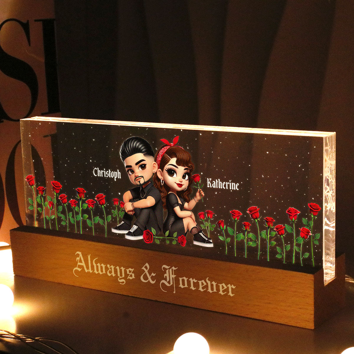 Pretty Couple Roses Heart Together Since Personalized Acrylic Block LED Night Light, Gift, Anniversary Gift for Couples