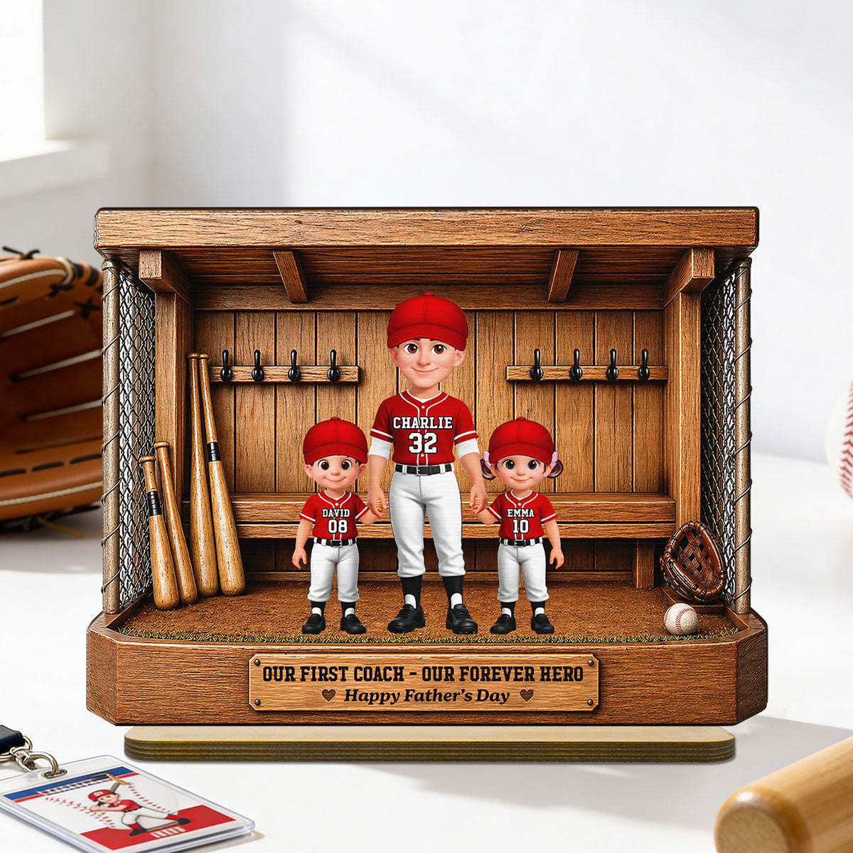 Baseball Dugout Dad And Kids We Caught The Best Dad - Personalized 2-Layered Wooden Plaque - Gift For Dad