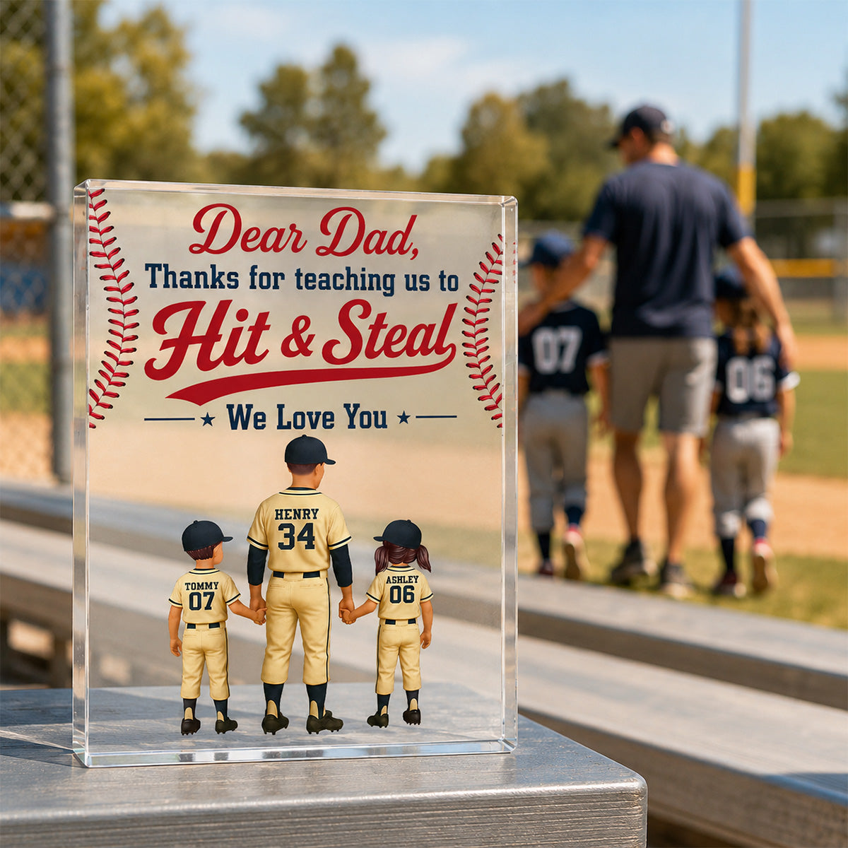 Thank You For Teaching Us To Hit & Steal Baseball Dad & Kids - Personalized Acrylic Block Plaque - Gift For Dad, Husband