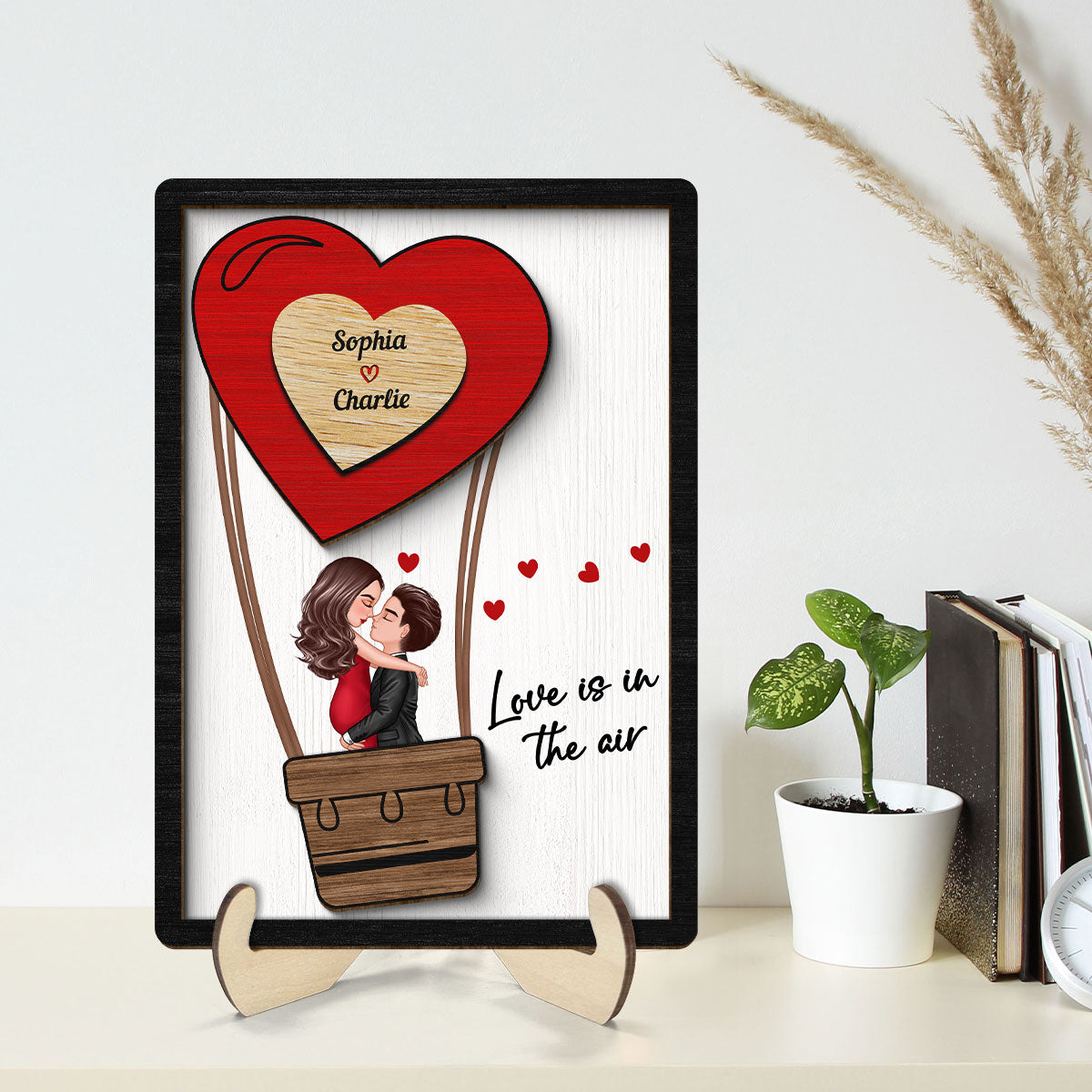 Couple Kissing On Air Balloon Gift Personalized 2-layer Wooden Plaque