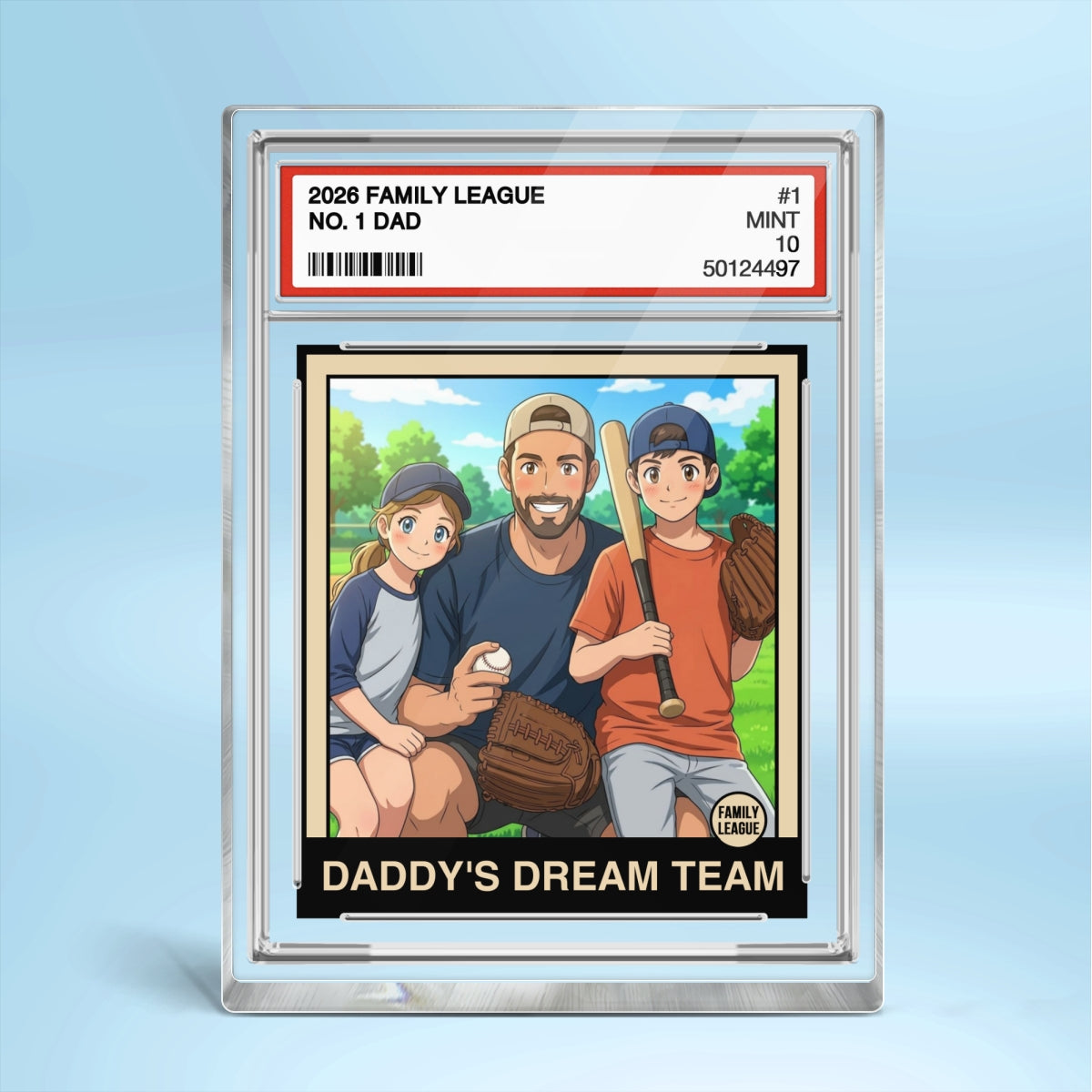 Cartoon Style Baseball Daddy's Dream Team Trading Card - Personalized Acrylic Block Plaque - Gift For Baseball Dad, Husband