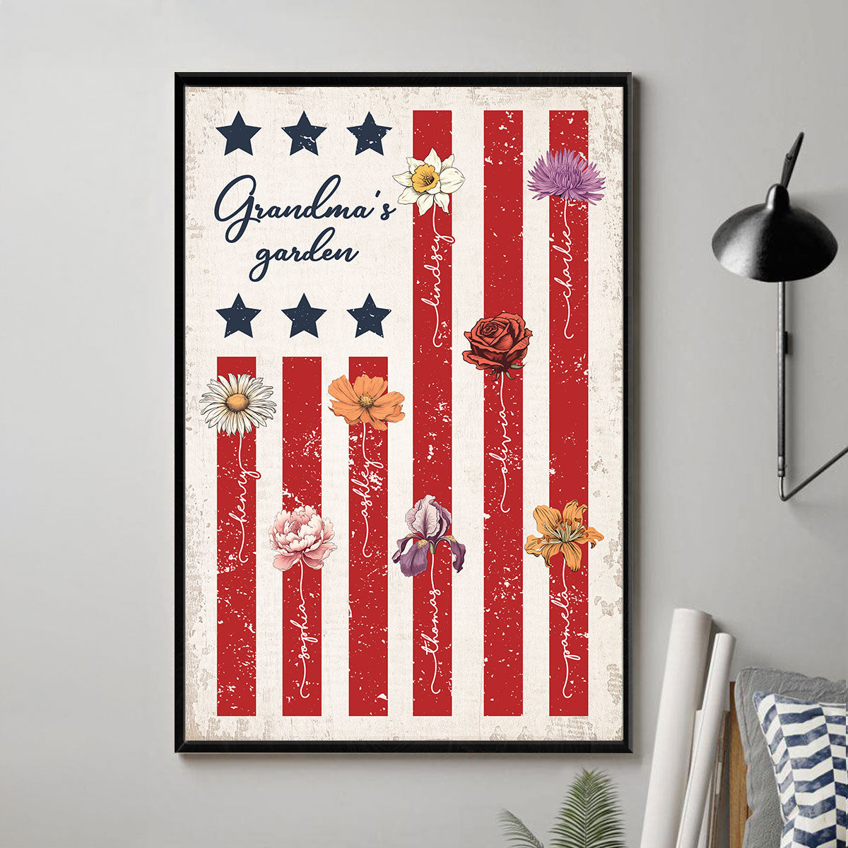 Grandma's Garden 4th Of July American Flag Personalized Poster, Birth Month Flower, Gift For Grandma