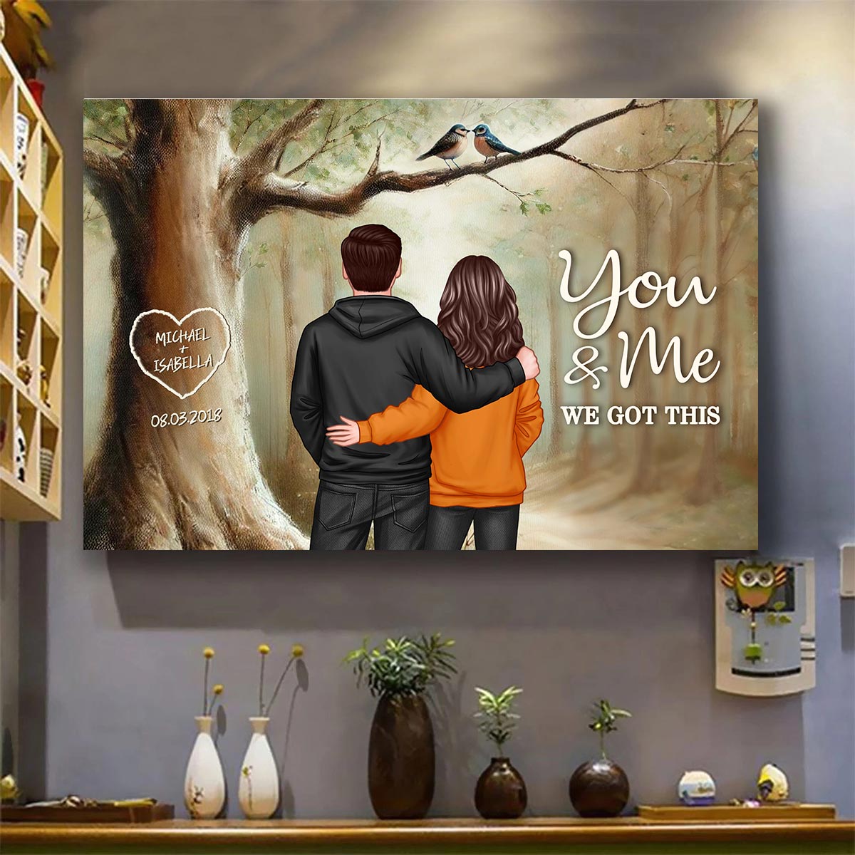 Couple Birds On Tree Personalized Poster, Anniversary, Gift for him, Gift for her