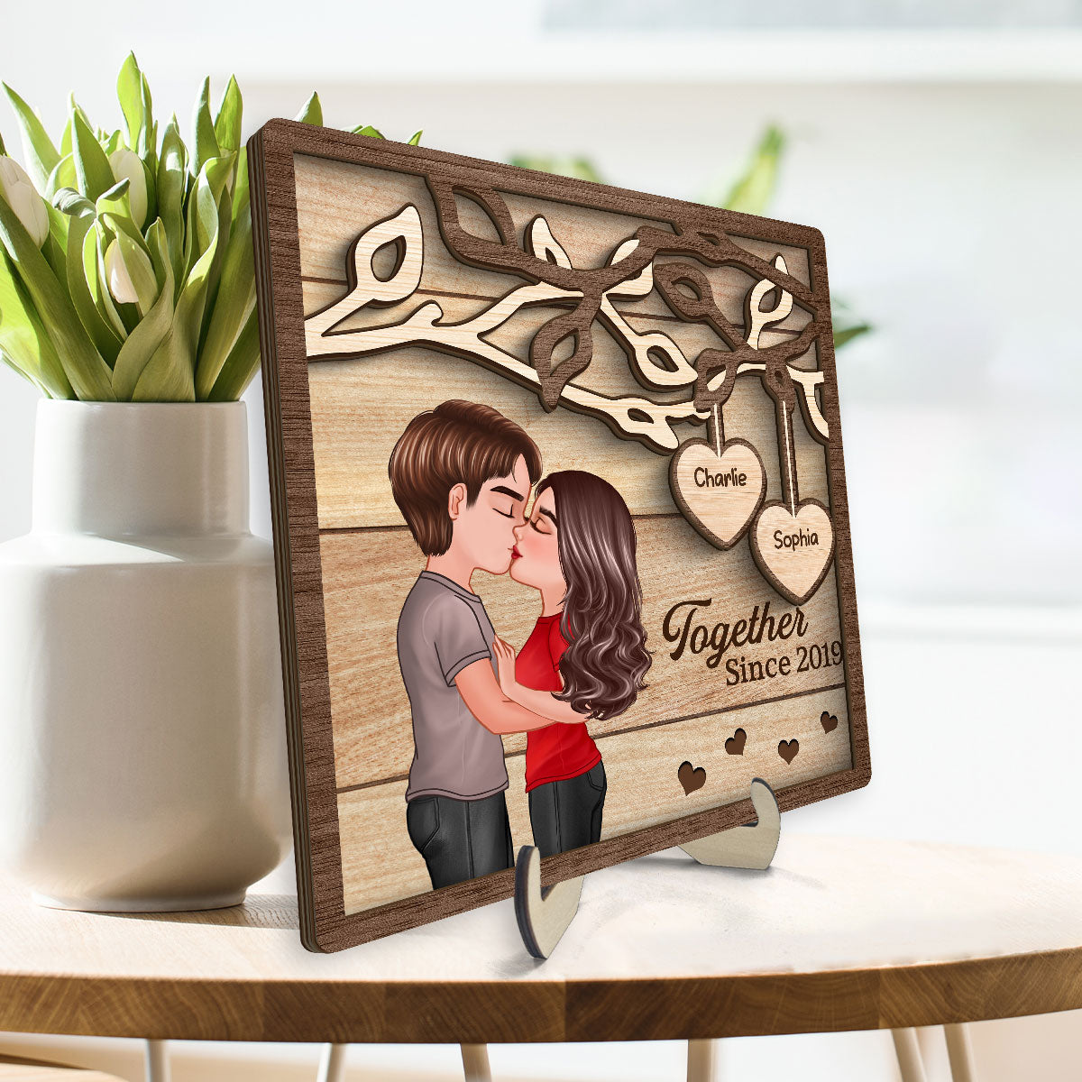 Couple Kissing Under Tree Personalized 2-Layer Wooden Plaque, Gift for Him, Gift for Her