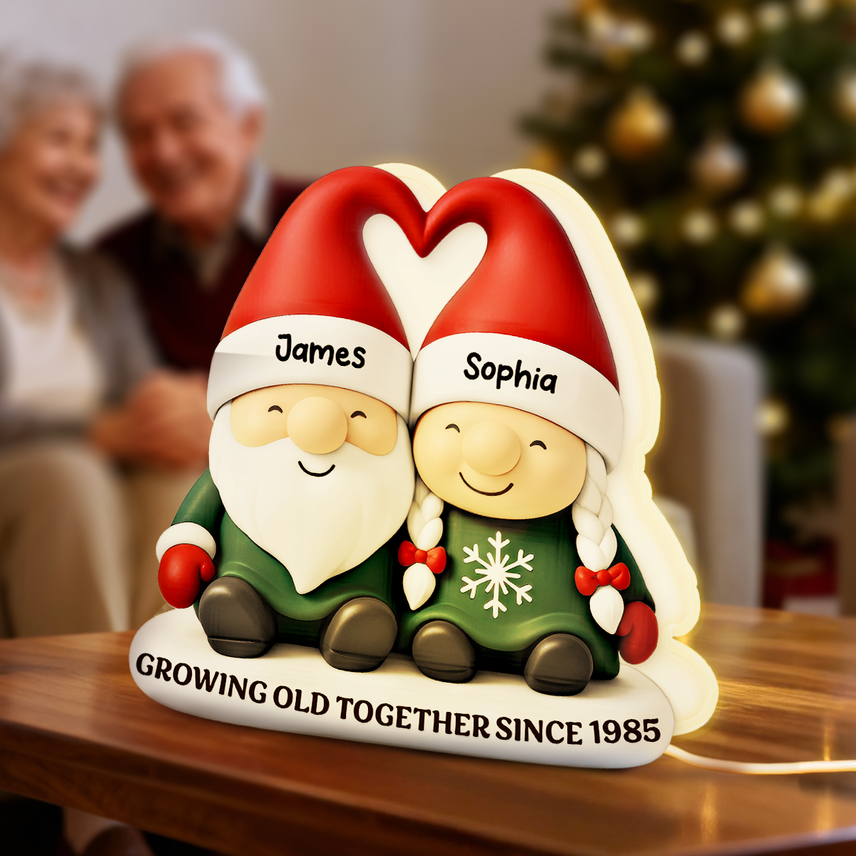 Christmas Gnome Couple Growing Old Together - Personalized Light Box - Gift For Couple