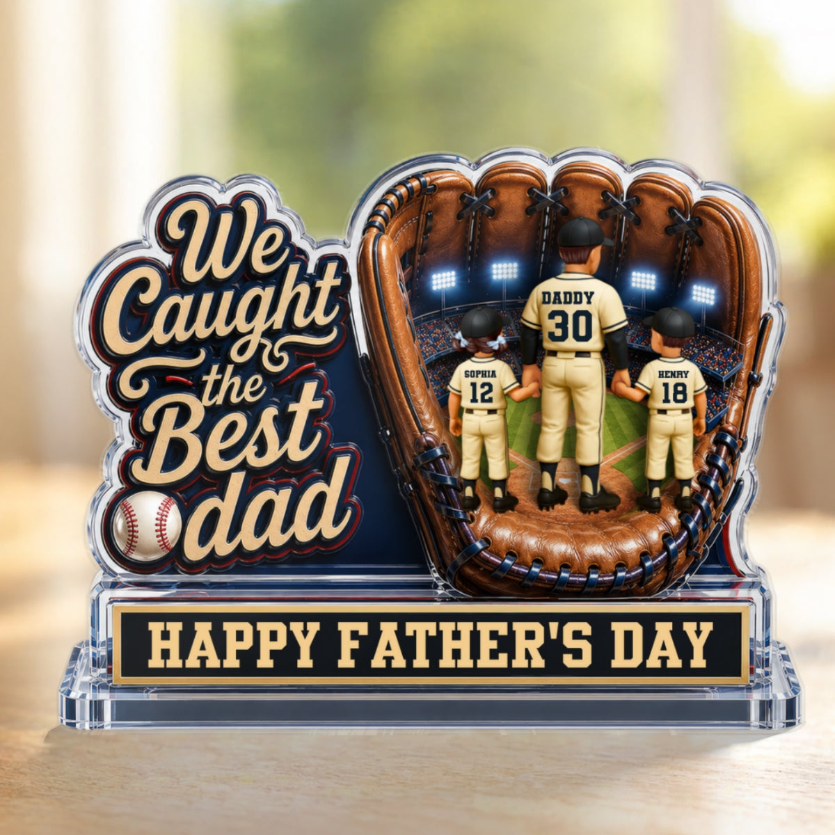 We Caught The Best Dad Dad & Kids In Glove 2D Flat - Personalized Acrylic Block Plaque - Happy For Baseball Dad