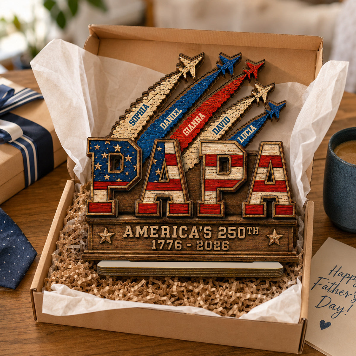 Dad Grandpa Nation Flag American 250th Anniversary - Personalized Wooden Plaque - Gift For Dad, Grandpa