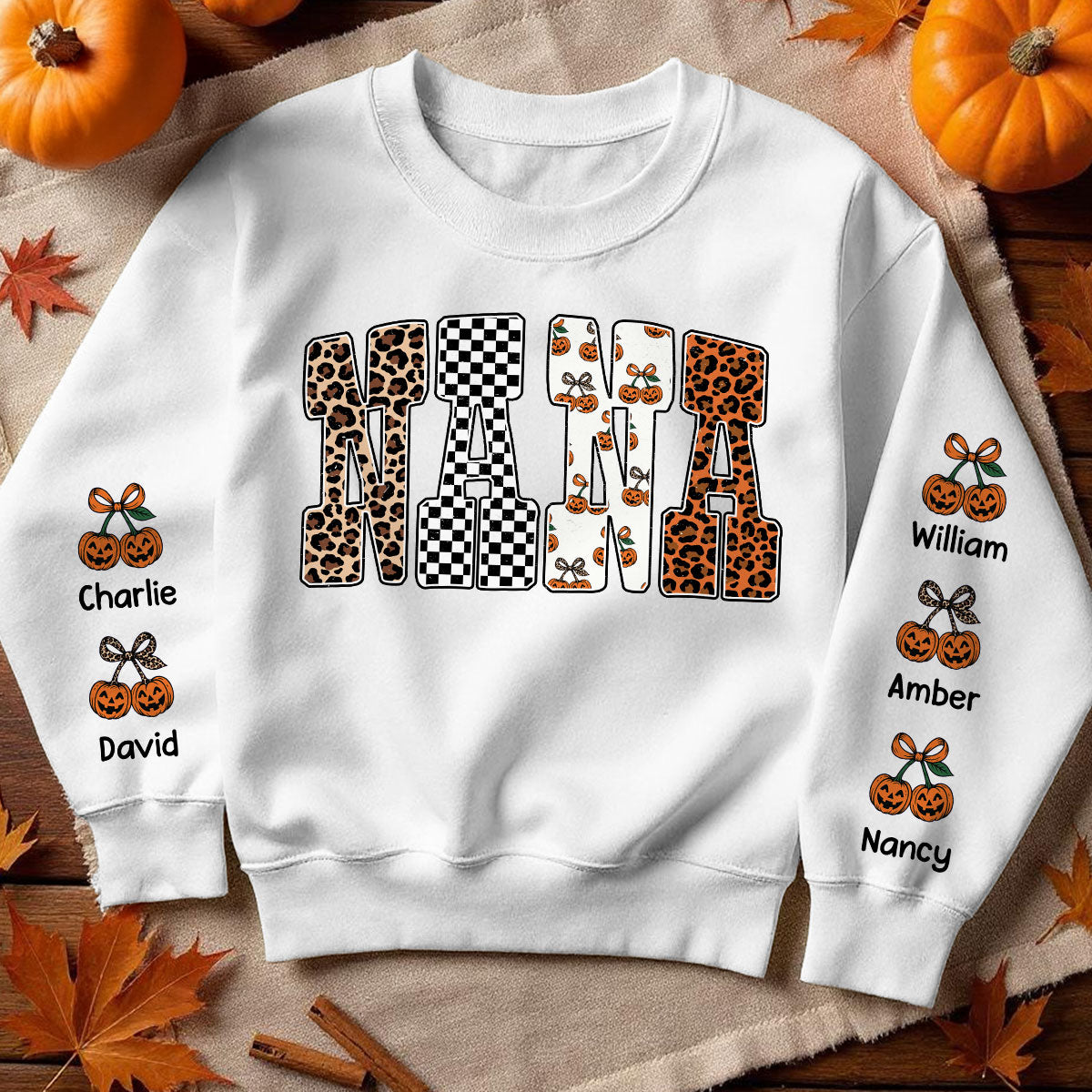 Trendy Fall Mama Personalized Sweatshirt – Leopard, Pumpkin & Checkerboard Fall Halloween Sweatshirt