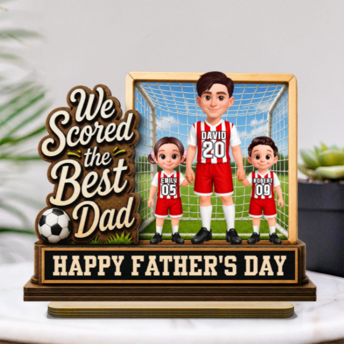 We Scored The Best Dad Dad & Kids In Goal 2D Flat - Personalized 2-Layered Wooden Plaque - Gift For Soccer Dad, UK Football Dad