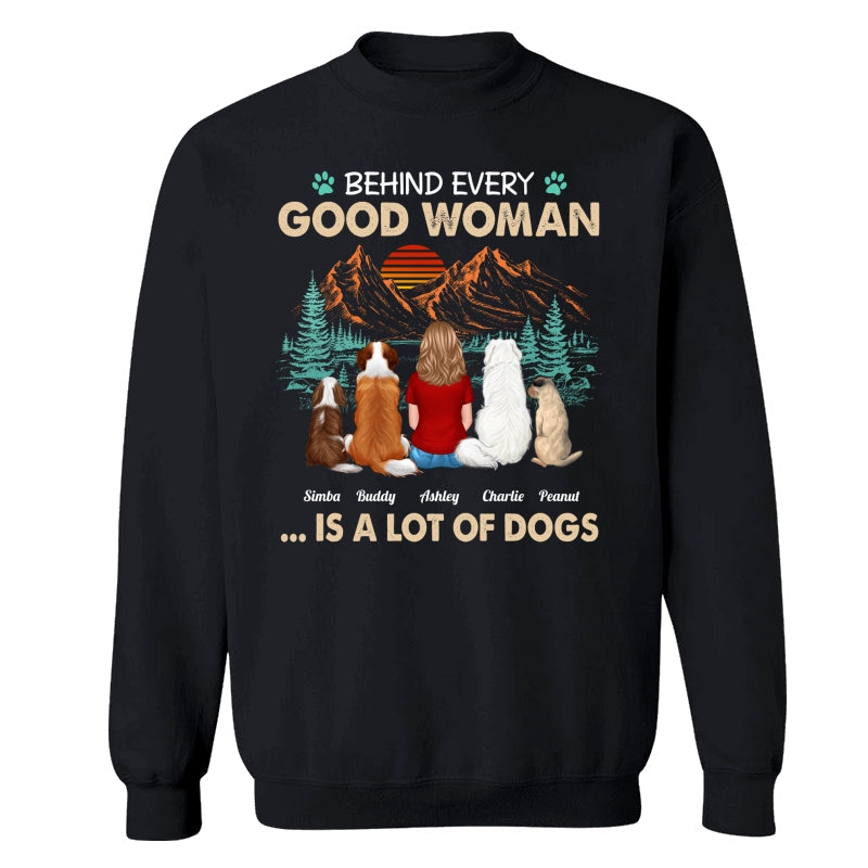 Behind Good Woman Is A Lot Of Dogs Back View Woman Sitting With Dogs Retro Pine Forest Personalized Shirt