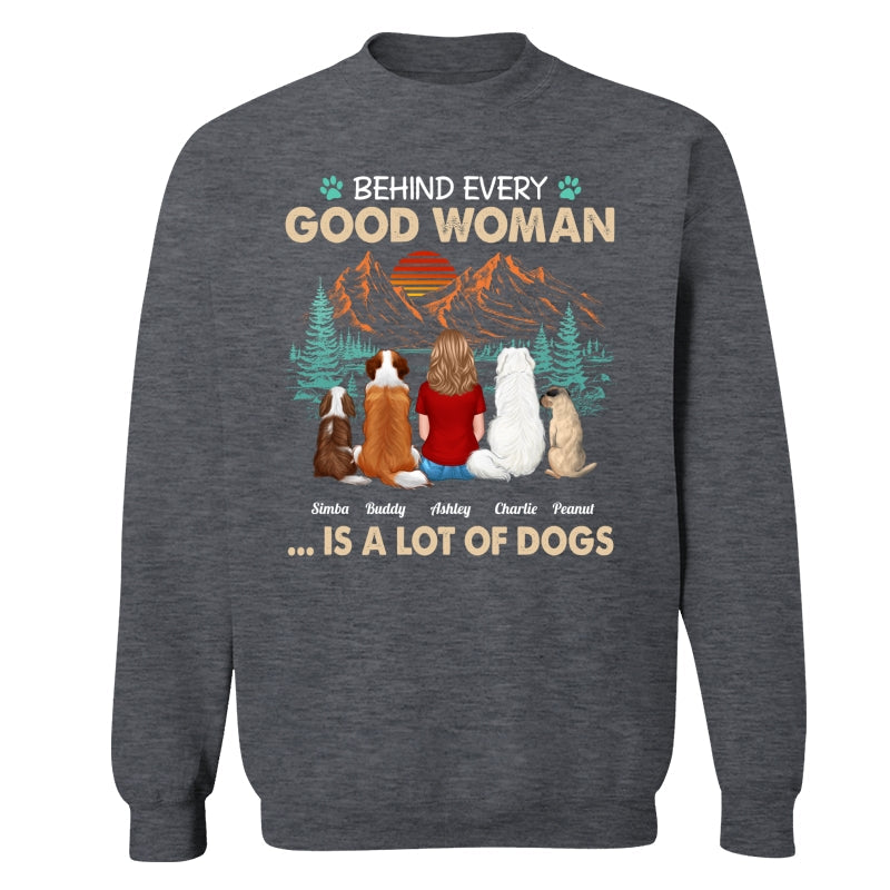 Behind Good Woman Is A Lot Of Dogs Back View Woman Sitting With Dogs Retro Pine Forest Personalized Shirt