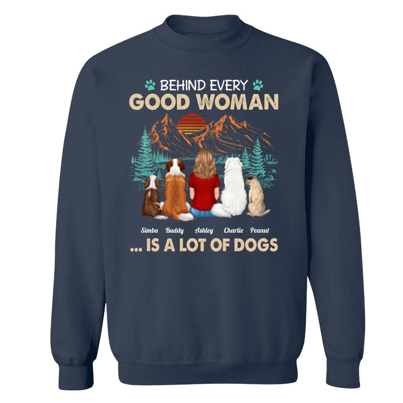 Behind Good Woman Is A Lot Of Dogs Back View Woman Sitting With Dogs Retro Pine Forest Personalized Shirt