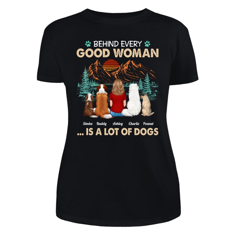Behind Good Woman Is A Lot Of Dogs Back View Woman Sitting With Dogs Retro Pine Forest Personalized Shirt