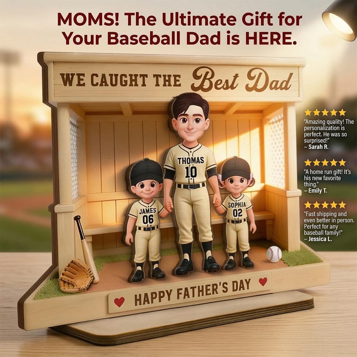 We Caught The Best Dad Baseball Dugout - Personalized 2-Layered Wooden Plaque - Gift For Baseball Dad