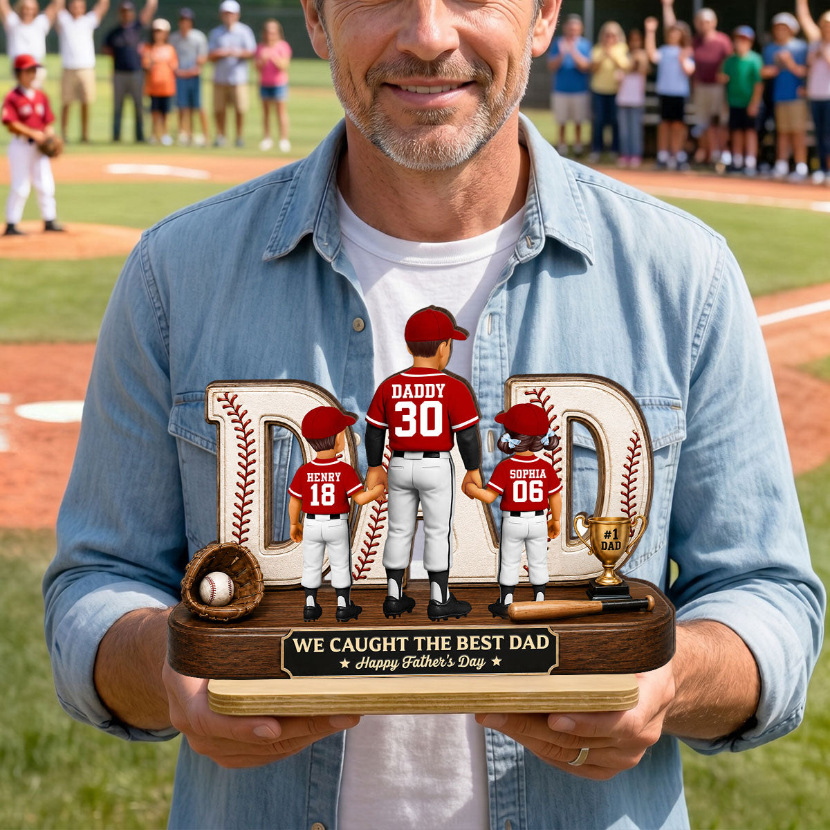 No 1 Baseball Dad Legend We Caught The Best Dad - Personalized 2-Layered Wooden Plaque - Gift For Dad, Husband