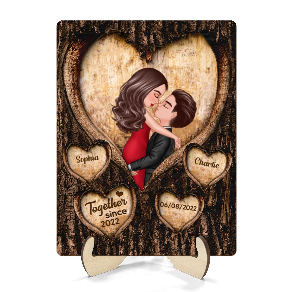 Couple Kissing Hearts Engraved On Tree Personalized 2-layer Wooden Plaque, Gift For Him, For Her