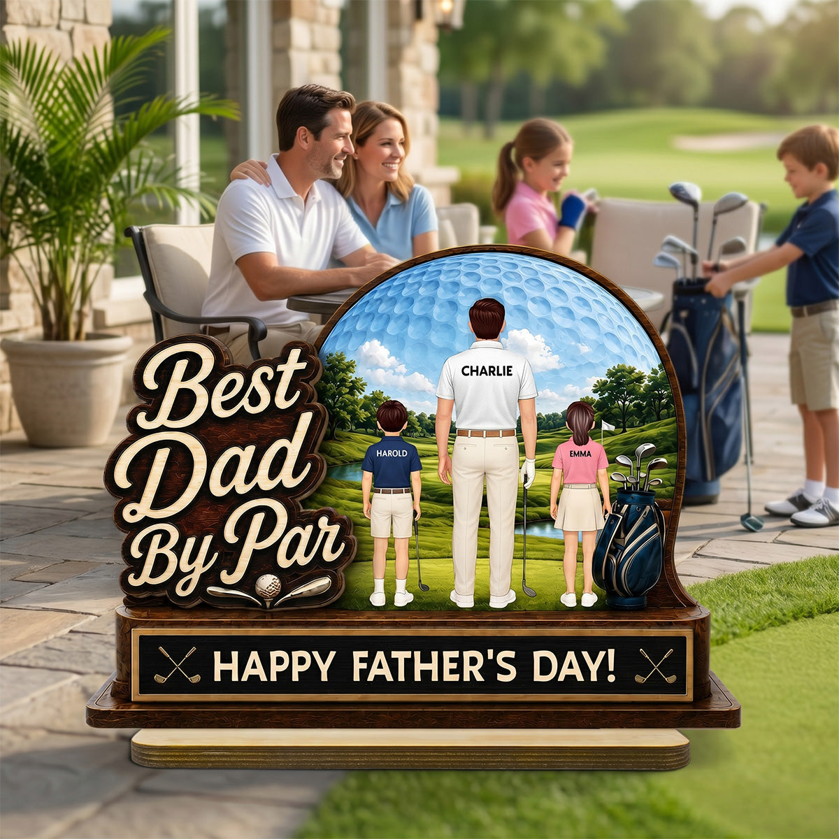 Best Dad By Par Custom Man & Kids Back View - Personalized 2-Layered Wooden Plaque - Gift For Golf Dad