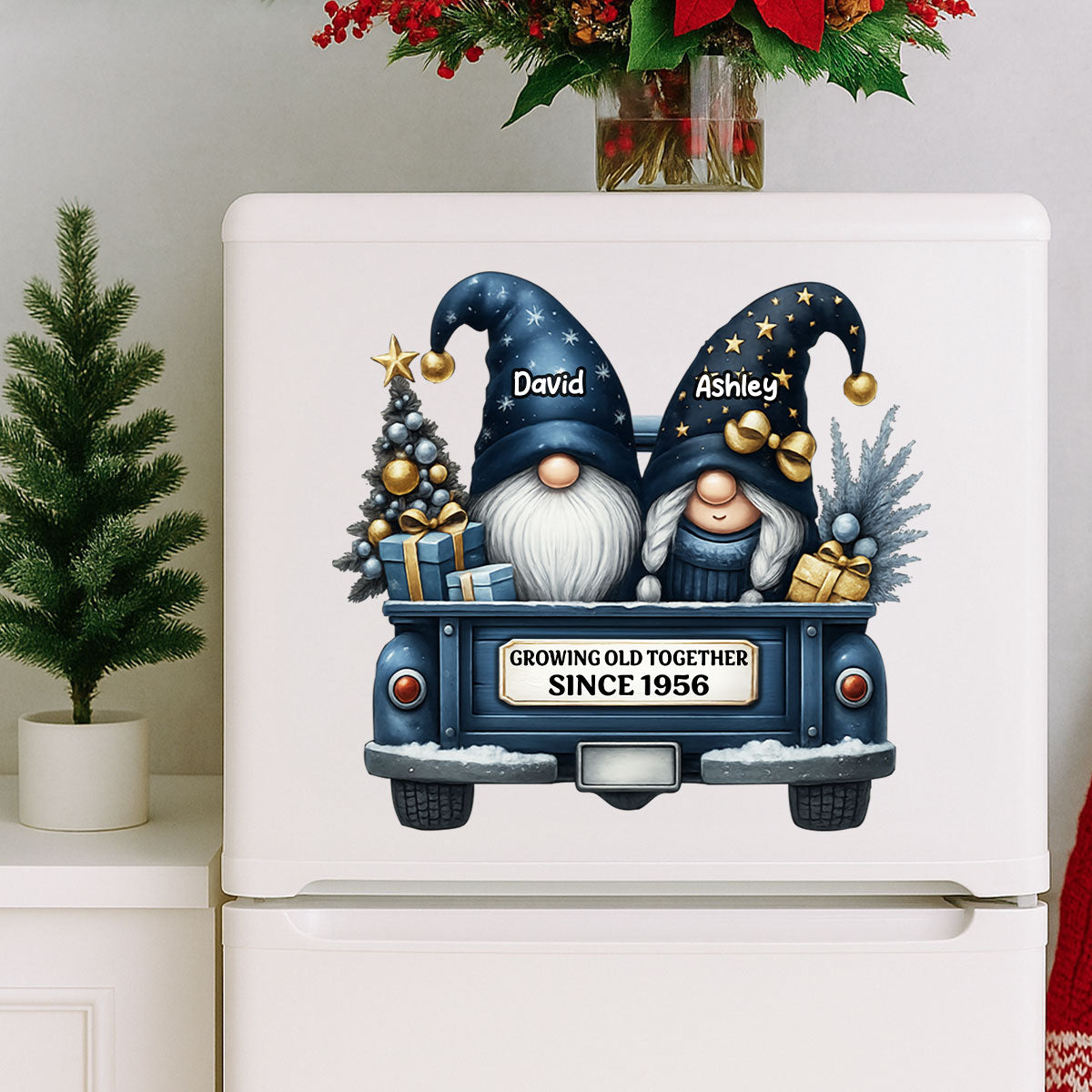 Gnome Couple Growing Old Together Personalized Fridge Decal, Gift for Couple