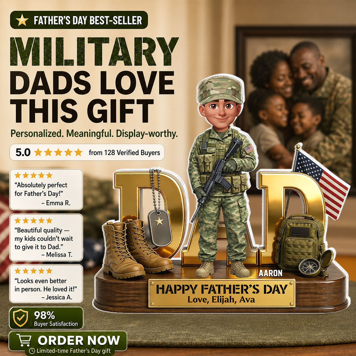 Proud American Military Armed Force Hero Dad 2D Flat - Personalized Acrylic Block Plaque - Gift For Dad