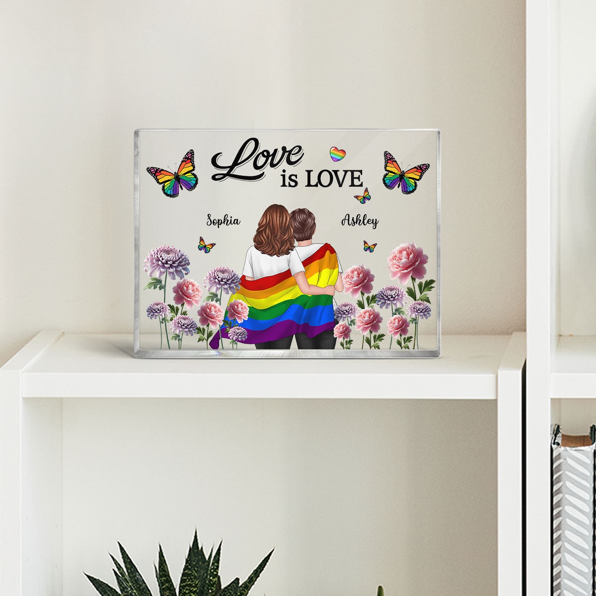 Pride Month LGBT Couple Birth Month Flowers Personalized Rectangle Acrylic Block Plaque, Gift For Couple