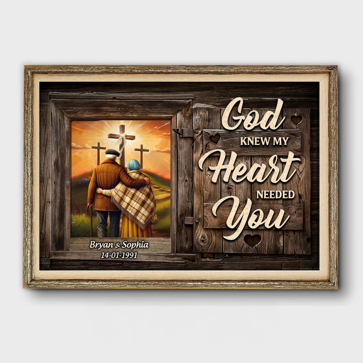 Cross God Knew My Heart Needed You Old Couple Walking Hugging Personalized Poster, Anniversary Gift For Him, Her, Husband, Wife