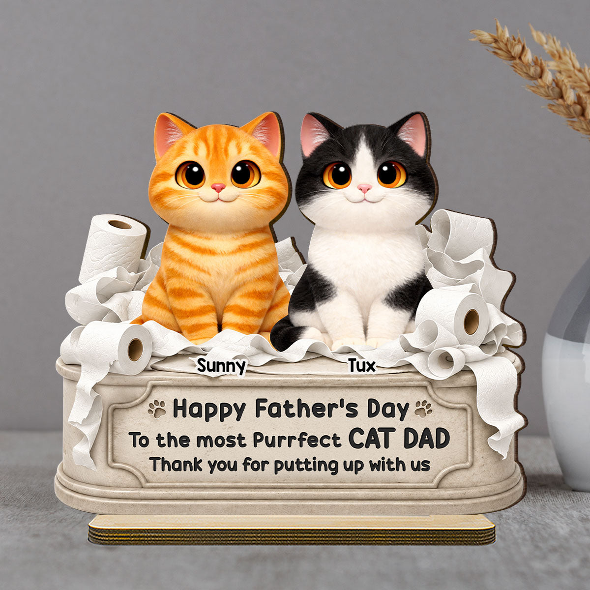Toilet Papers Cute Fluffy Cats Happy Thanks For Putting Up With Us - Personalized 2-Layered Wooden Plaque - Funny Gift For Cat Dad, Cat Lovers