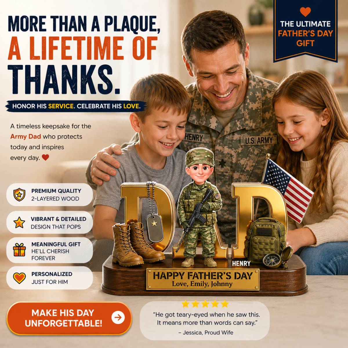 Proud American Military Armed Force Hero Dad 2D Flat - Personalized Acrylic Block Plaque - Unique Trending Gift For Dad, Husband