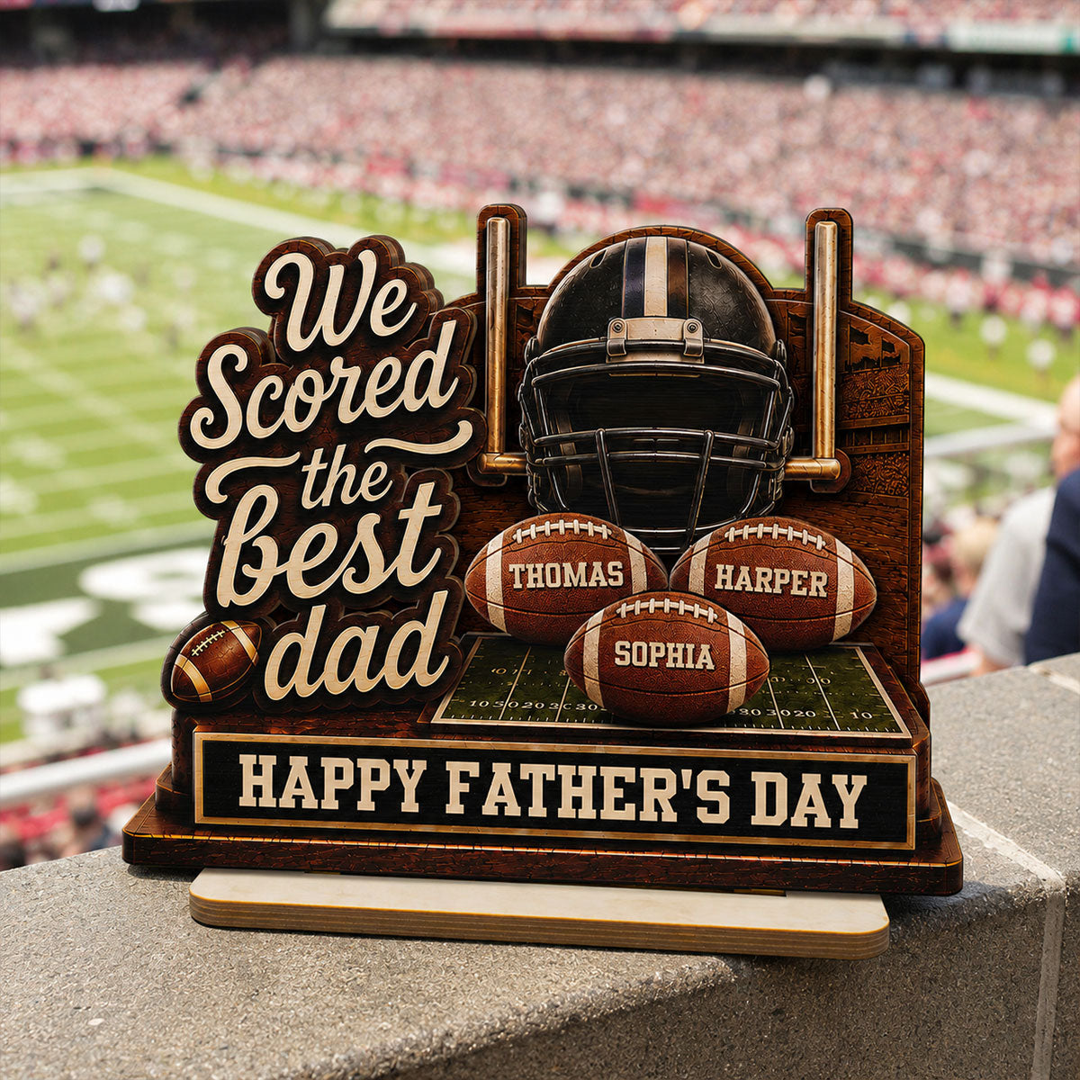 We Scored The Best American Football Dad Custom Name 2D Flat - Personalized 2-Layered Wooden Plaque - Gift For Football Dad