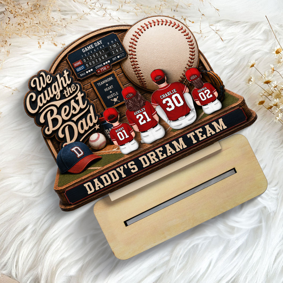Baseball Things Dad & Kids Back View Sitting 2D Flat - Personalized 2-Layered Wooden Plaque - Happy For Baseball Dad