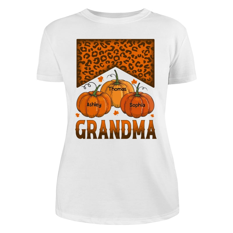 Grandma Mom Fall Season Leopard Pumpkins Personalized Shirt