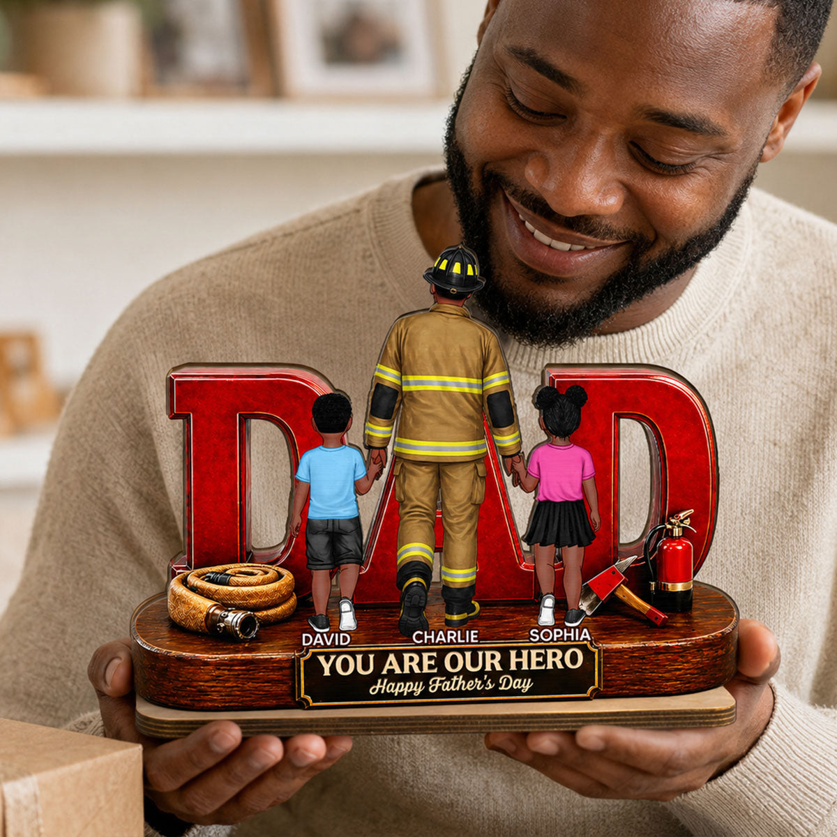 Proud Firefighter Dad You Are Our Hero - Personalized 2-Layered Wooden Plaque - Gift For Dad