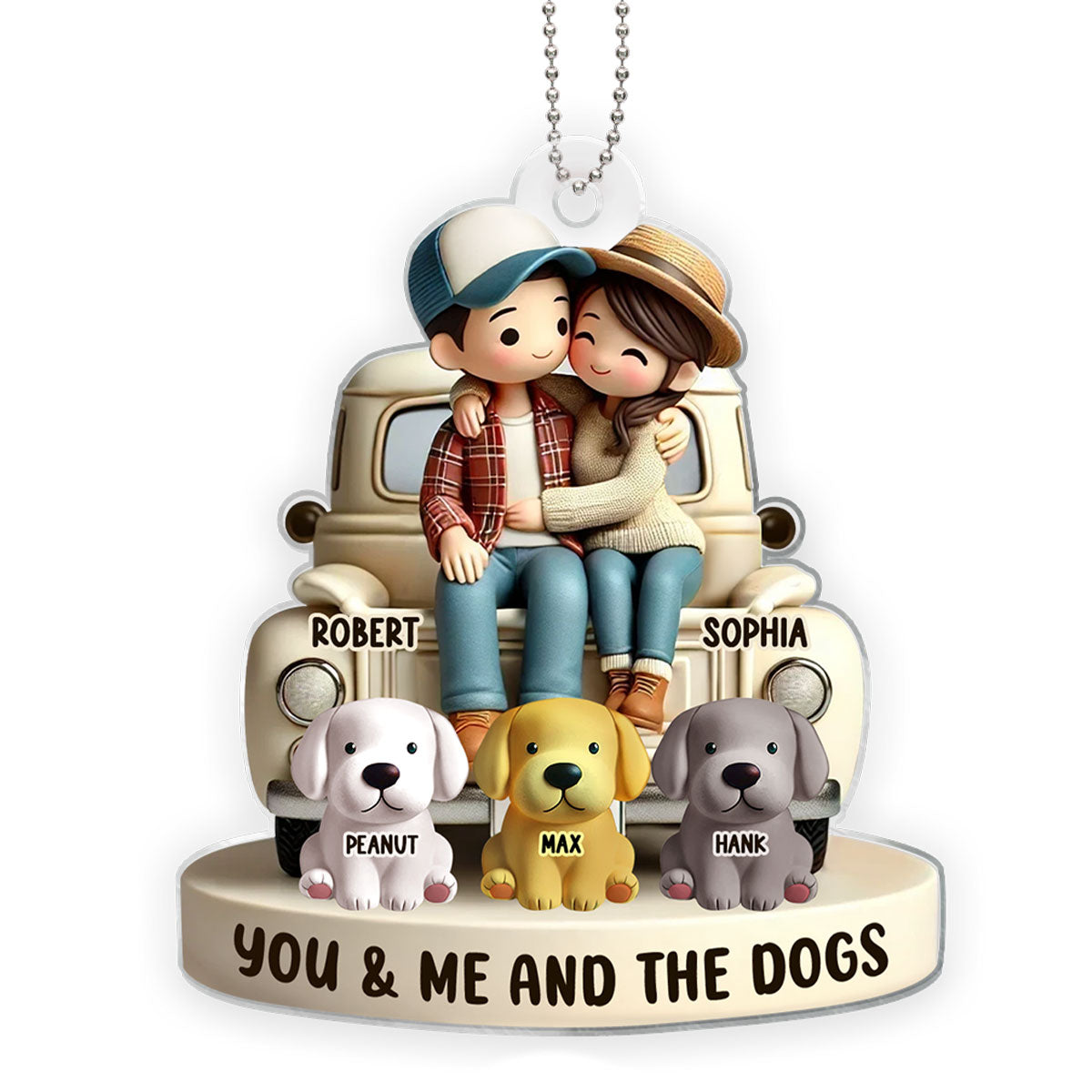 3D Effect Couple On Truck You Me And The Dog Cats Personalized Acrylic Car Hanger Ornament, Heartfelt 2025 Gift For Couple, For Dog Lovers, Cat Lovers
