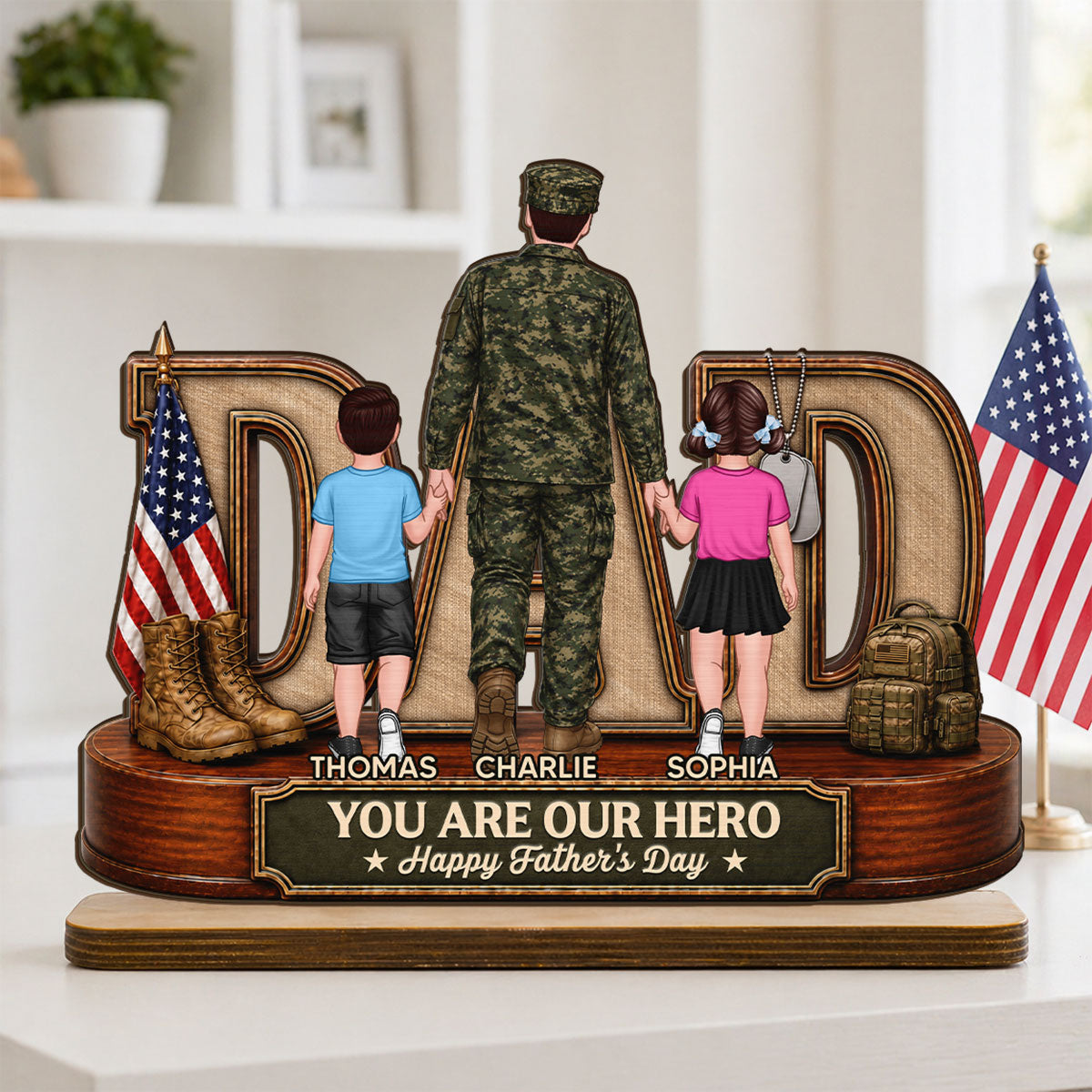 Proud American Army Dad You Are Our Hero - Personalized 2-Layered Wooden Plaque - Gift For Dad, Husband