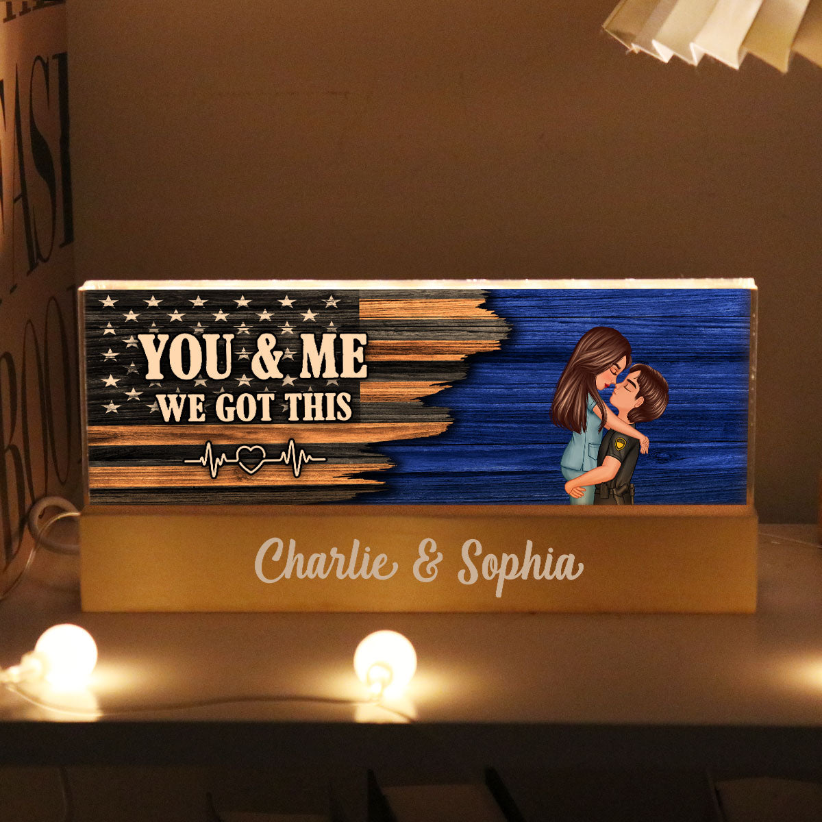 Hero Couple Hugging Kissing Half Flag Gift by Occupation Personalized Acrylic Block LED Night Light