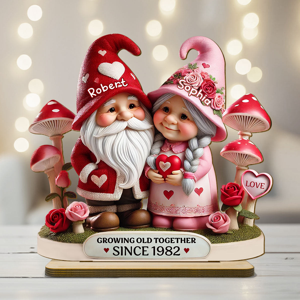 3D Effect Gnome Mushroom Old Couple Personalized Wooden Standing, Heartfelt Anniversary Gift, Gift For Couple, For Him, For Her, Husband, Wife