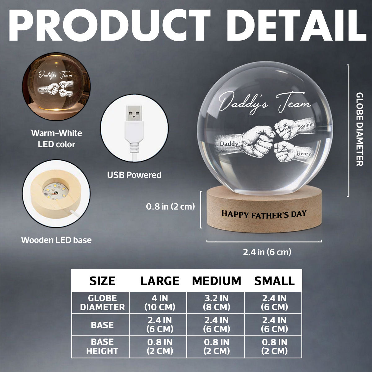 Daddy's Team Fist Bump - Personalized Crystal Ball LED Night Light - Gift For Dad, Husband