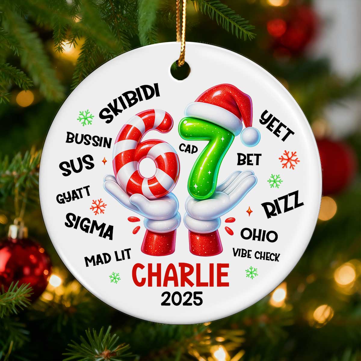 Funny Kids Six Seven Christmas - Personalized Ceramic Ornament - 2025 Slang Christmas, Funny Teen Grandkid Ornament, Gen Alpha Christmas Gift - 67 Gift