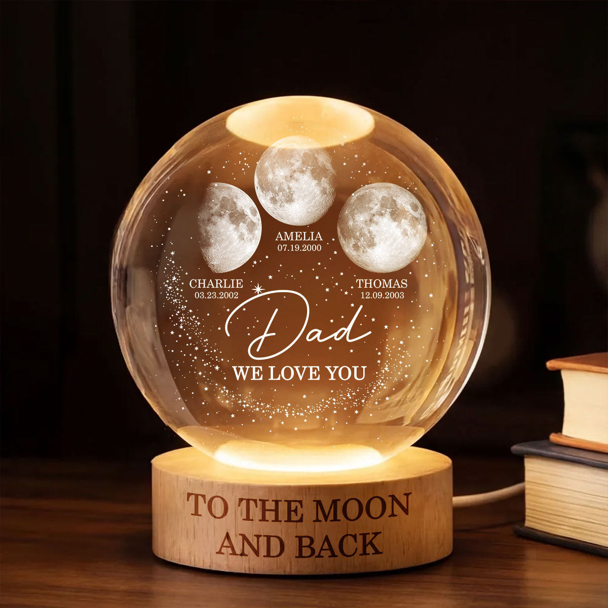 Love to the Moon and Back - Personalized Crystal Ball LED Night Light - Custom Moon Phase by Date, Gift for Dad, Husband