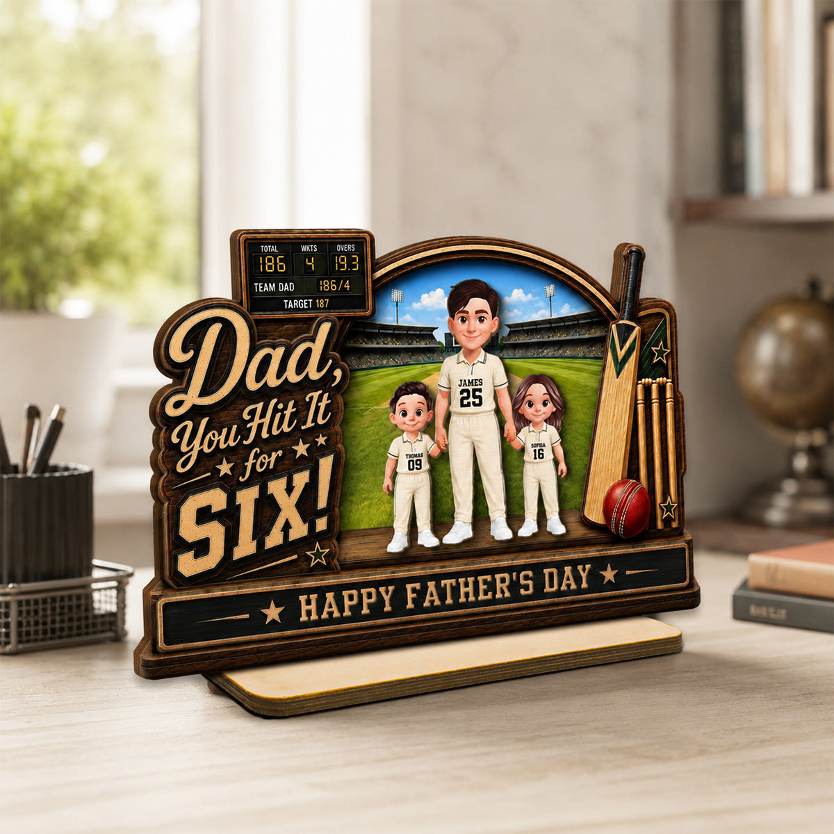 Hit A Six With The Best Dad Cricket Dad & Kids On Court - Personalised 2-Layered Wooden Plaque - Gift For Husband, Dad