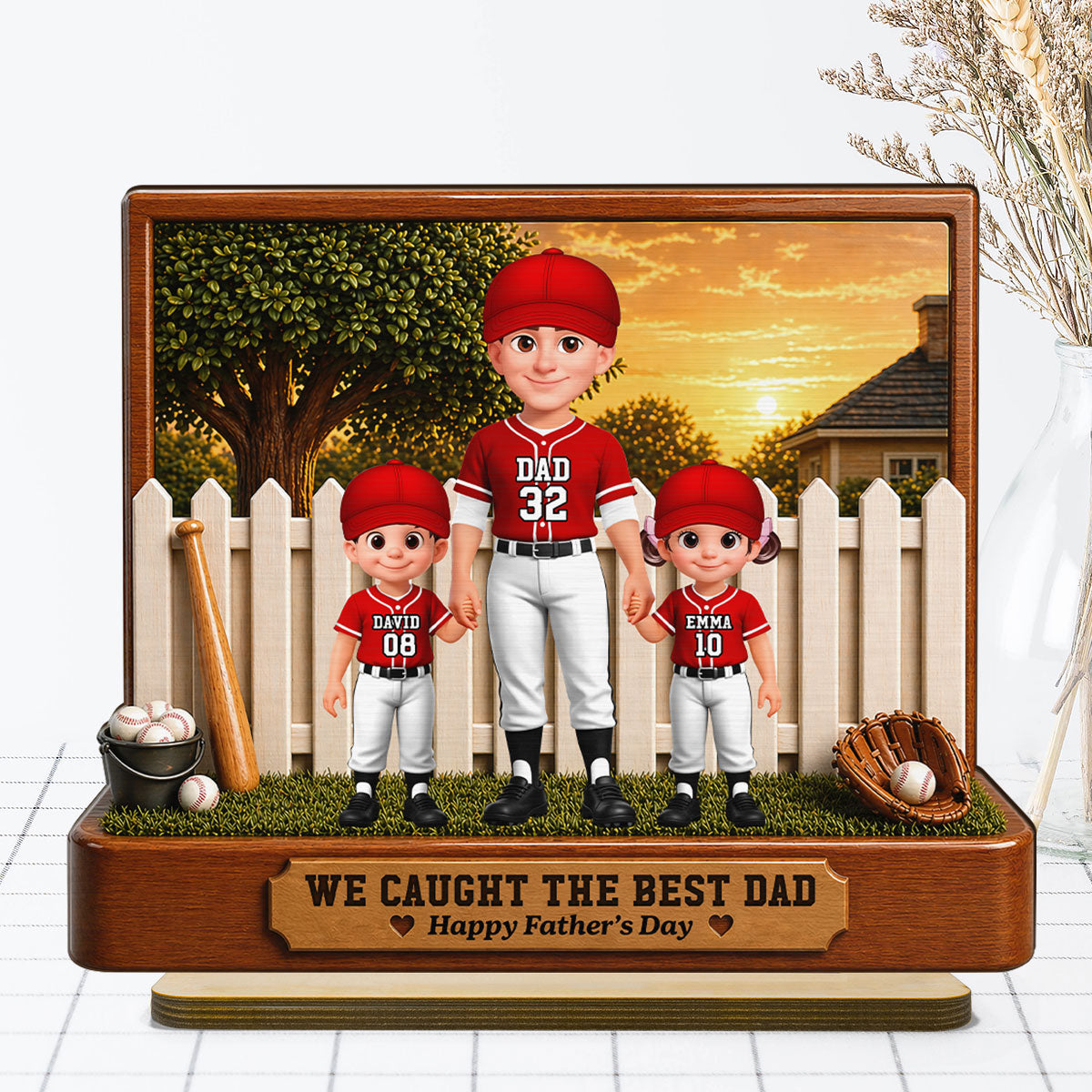 Baseball Dad And Kids Backyard We Caught The Best Dad - Personalized 2-Layered Wooden Plaque - Gift For Dad