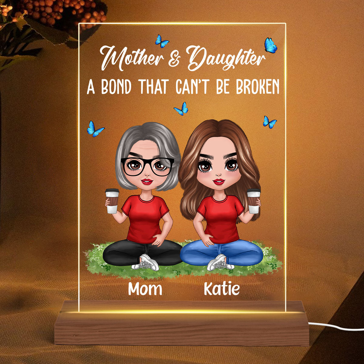 Doll Mom And Daughters Sitting On Grass Bond That Can‘t Be Broken Personalized Rectangle Acrylic Plaque LED Night Light