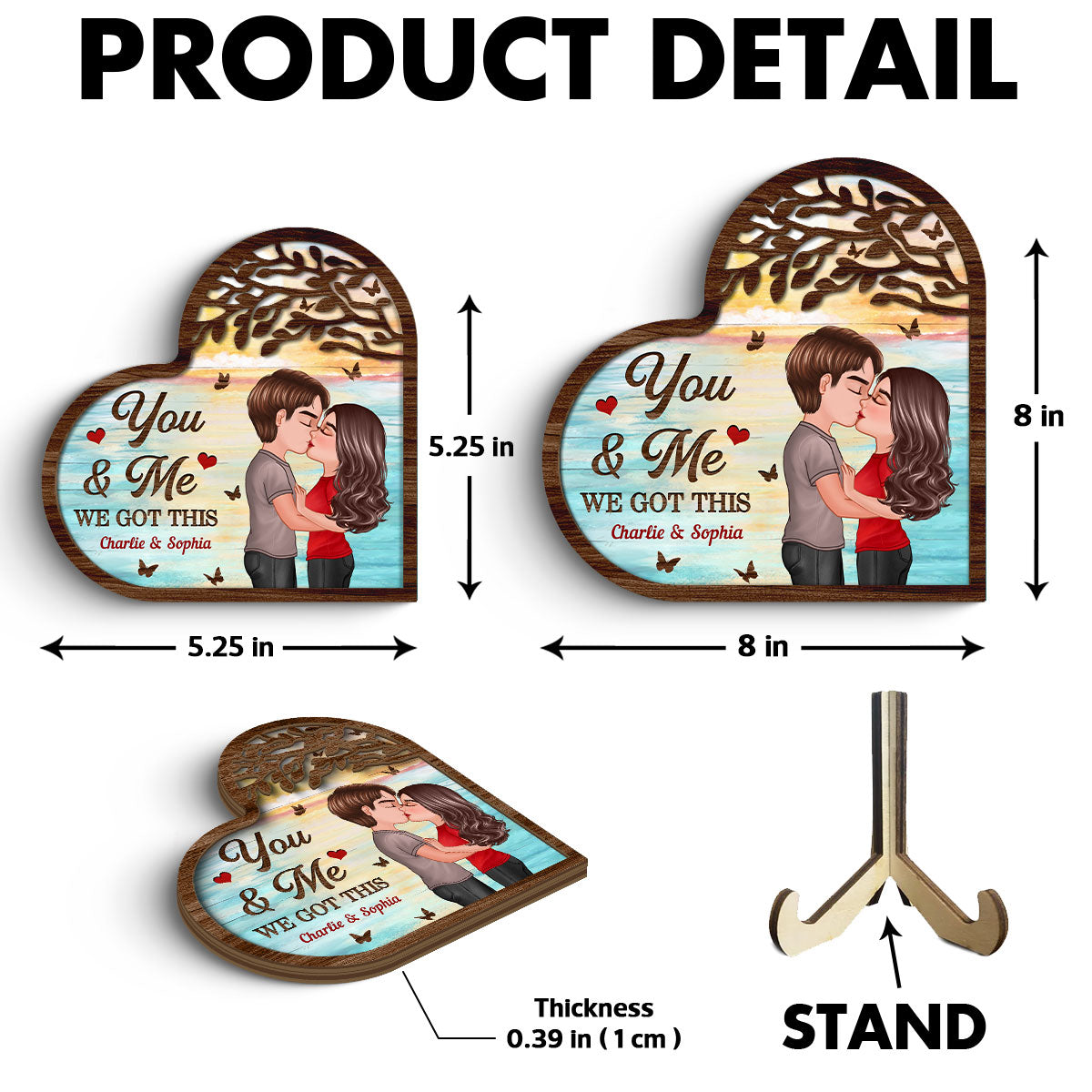 Couple Kissing Under Tree Heart Shaped Gift For Him For Her Personalized 2-Layer Wooden Plaque