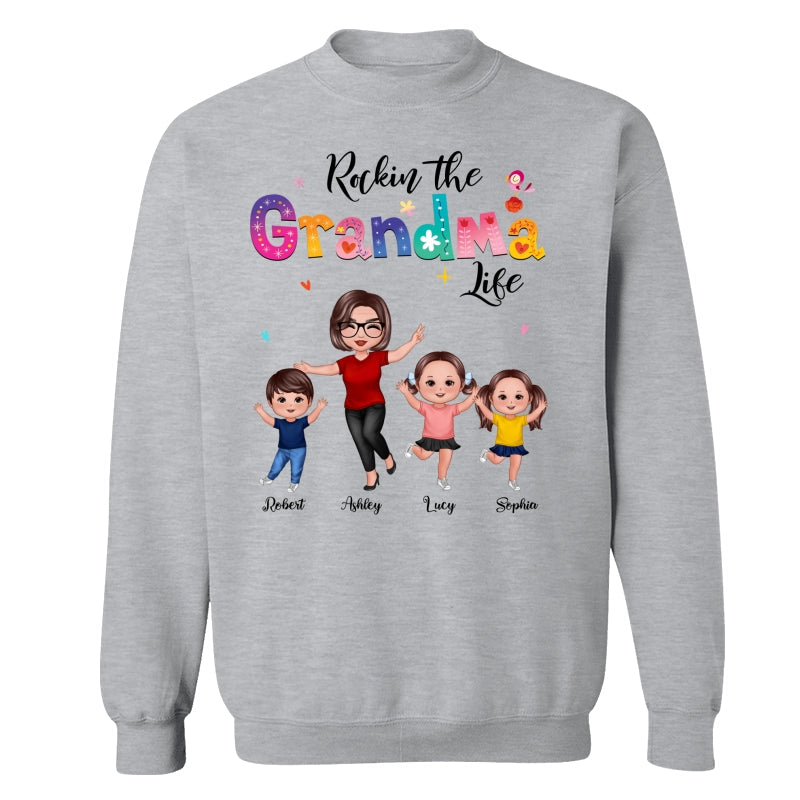 Colorful Floral Pattern Rockin‘ The Grandma Life Happy Doll Grandma & Grandkids Personalized Shirt