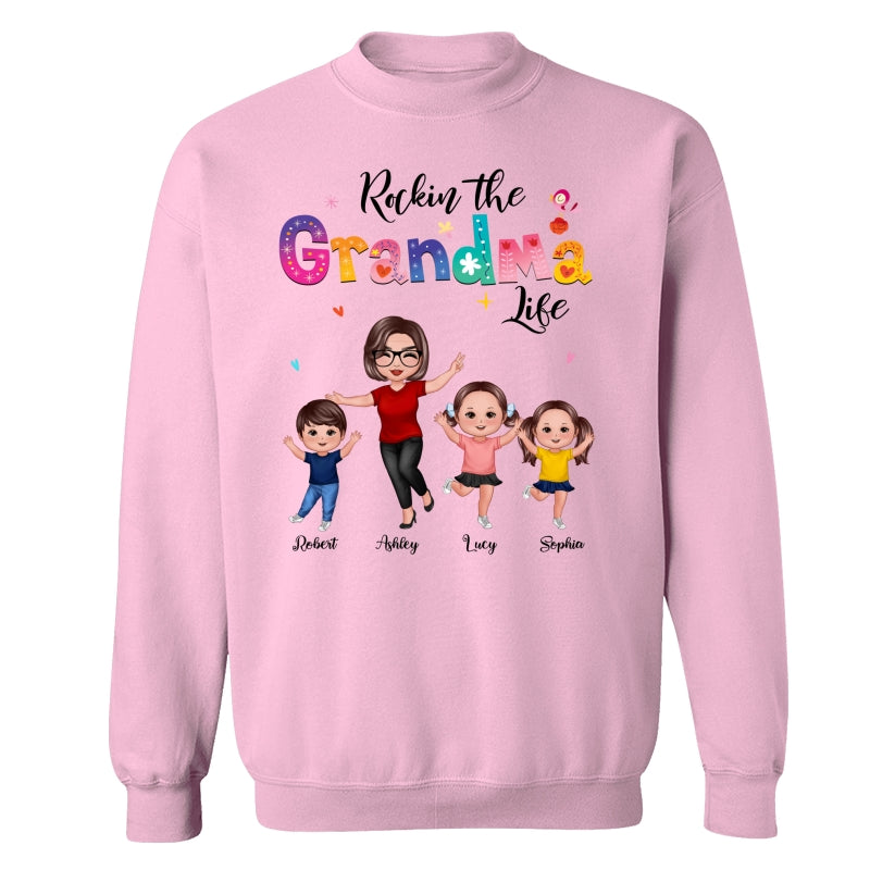 Colorful Floral Pattern Rockin‘ The Grandma Life Happy Doll Grandma & Grandkids Personalized Shirt