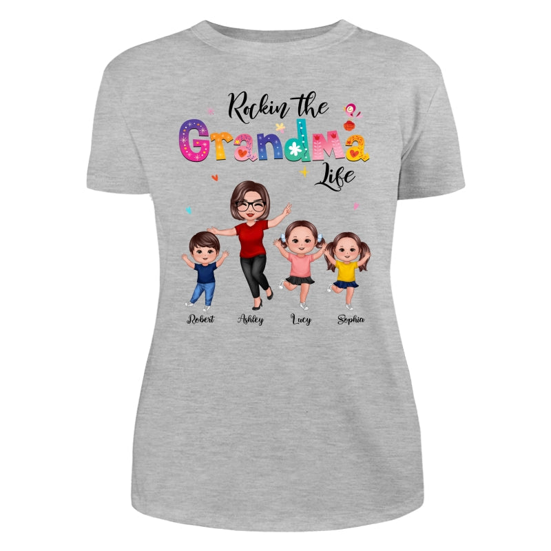 Colorful Floral Pattern Rockin‘ The Grandma Life Happy Doll Grandma & Grandkids Personalized Shirt